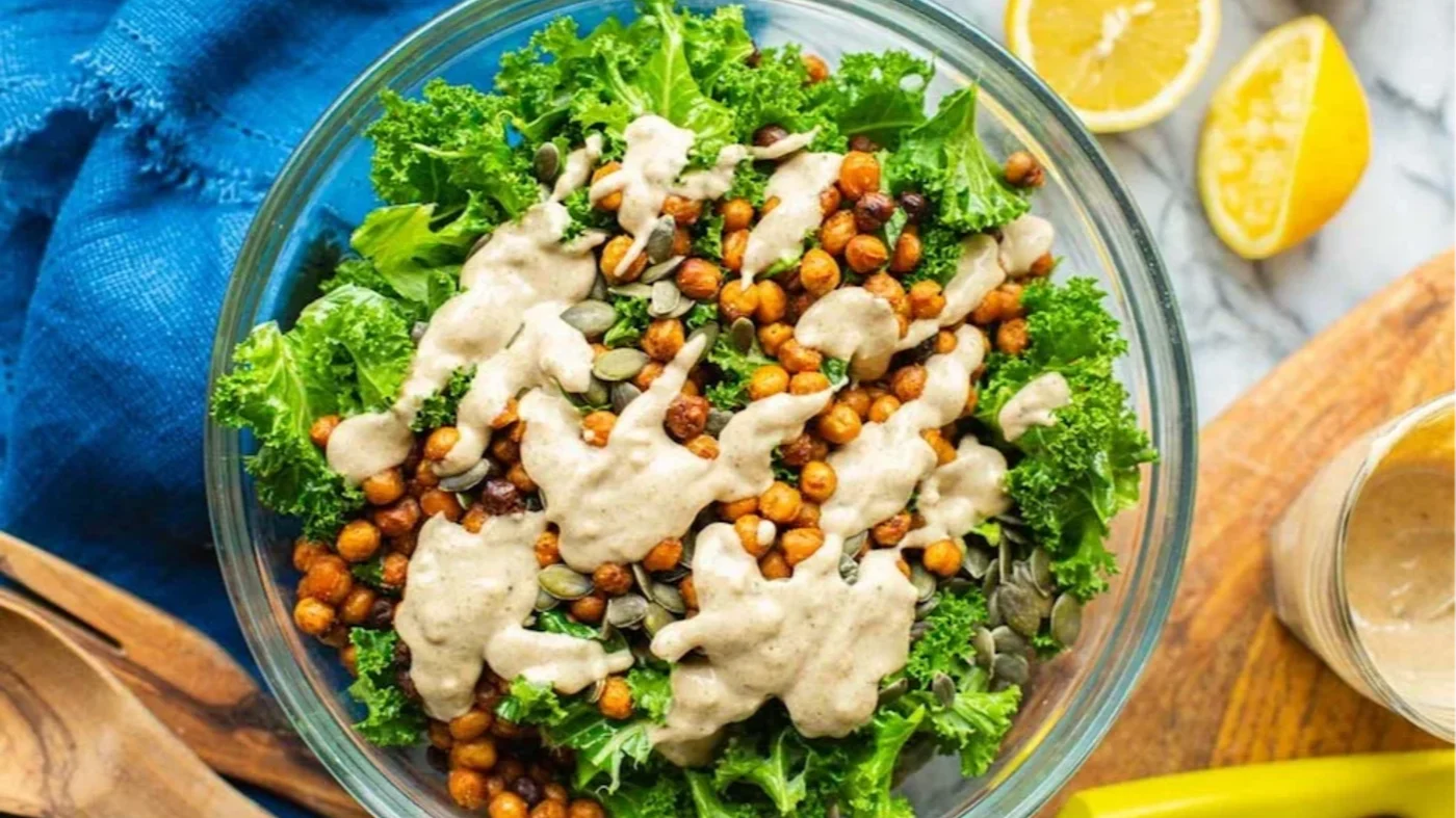 Kale and Chickpea Salad with Lemon Tahini Dressing | New Body & Mind Samui